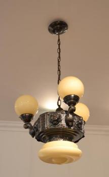Three Light Chandelier - patinated brass, opal glass - 1910 Three Light Chandelier - patinated brass, opal glass - 1910