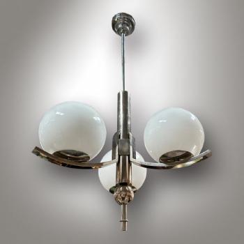 Three Light Chandelier - chrome, opal glass - 1930